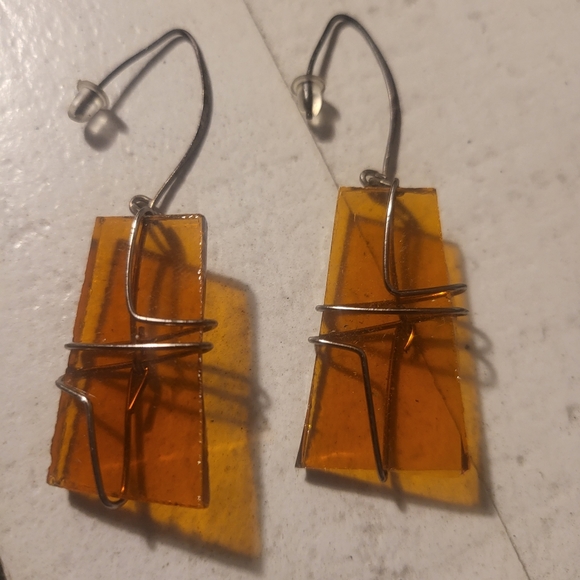 Vintage Jewelry - Vintage Hand-wrapped & Cut Amber Glass/Silvertone Wire Earrings